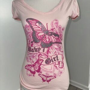 Y2K Baby Girl Pink Butterfly Tattoo Tee Common Threads M Side Ruched Vintage